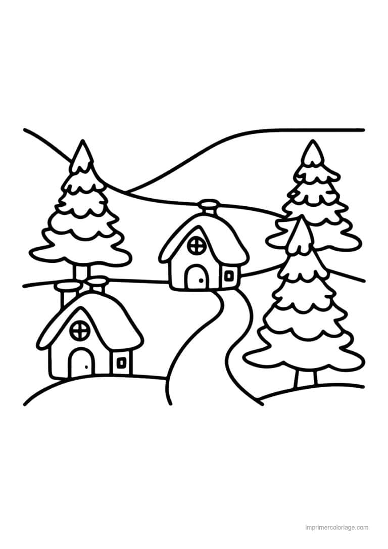 coloriage noel cm2 village enneige maisons sapins - dessin gratuit &agrave; imprimer