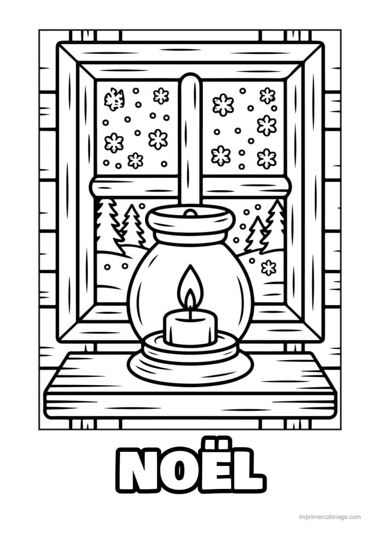 coloriage noel cp lanterne devant fenetre enneigee - dessin gratuit &agrave; imprimer