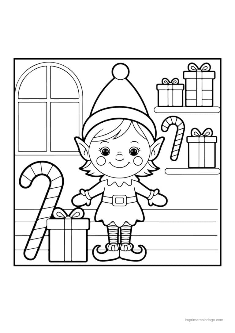 coloriage noel cp lutin sucre orge cadeaux fenetre - dessin gratuit &agrave; imprimer