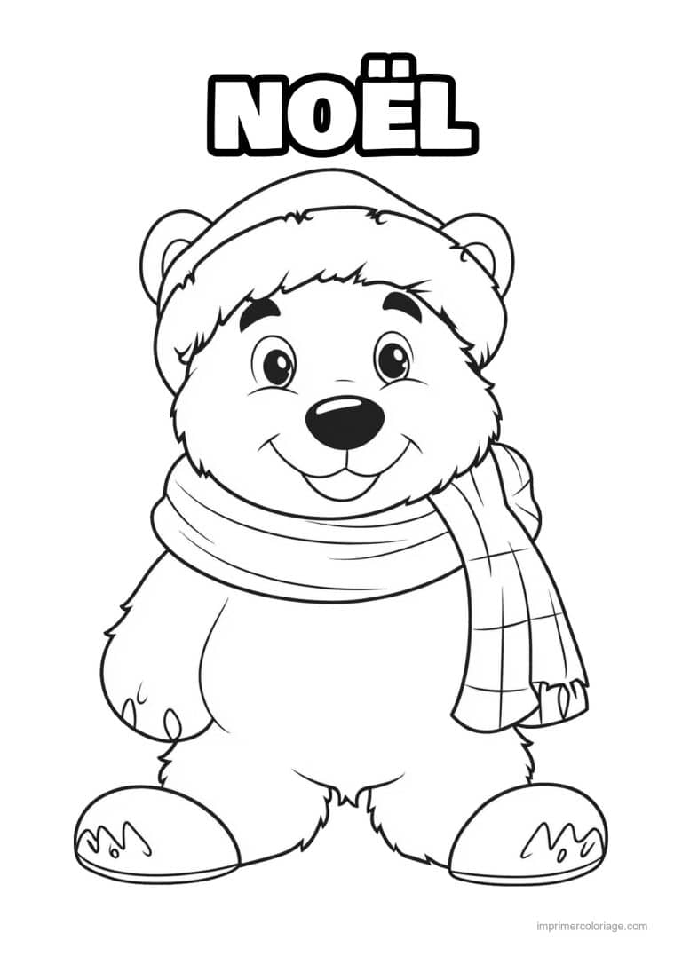 coloriage noel cp ourson bonnet longue echarpe - dessin gratuit &agrave; imprimer