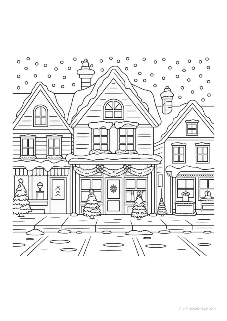 coloriage noel cp rue maisons decorees neige - dessin gratuit &agrave; imprimer
