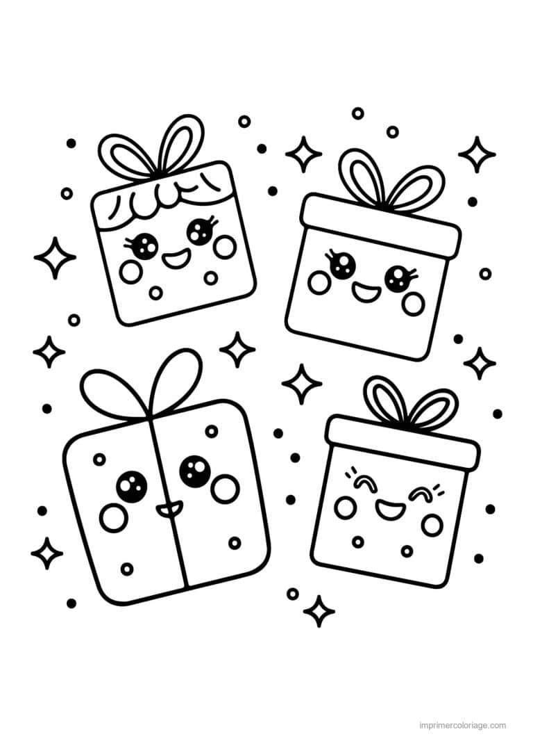 coloriage noel grande section quatre cadeaux kawaii souriants - dessin gratuit &agrave; imprimer