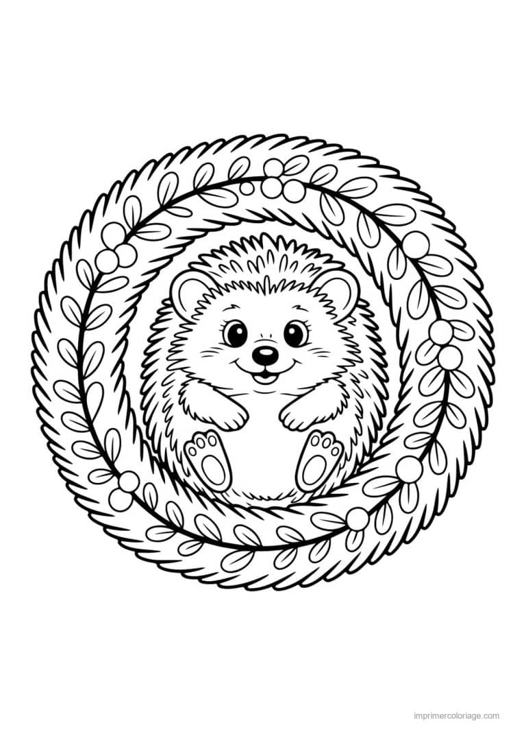 coloriage noel maternelle herisson couronne - dessin gratuit &agrave; imprimer
