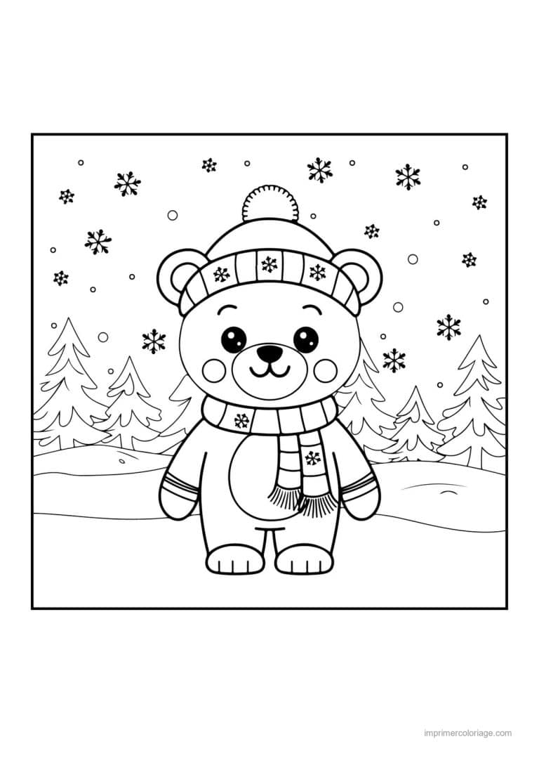 coloriage noel maternelle ourson bonnet echarpe neige - dessin gratuit &agrave; imprimer