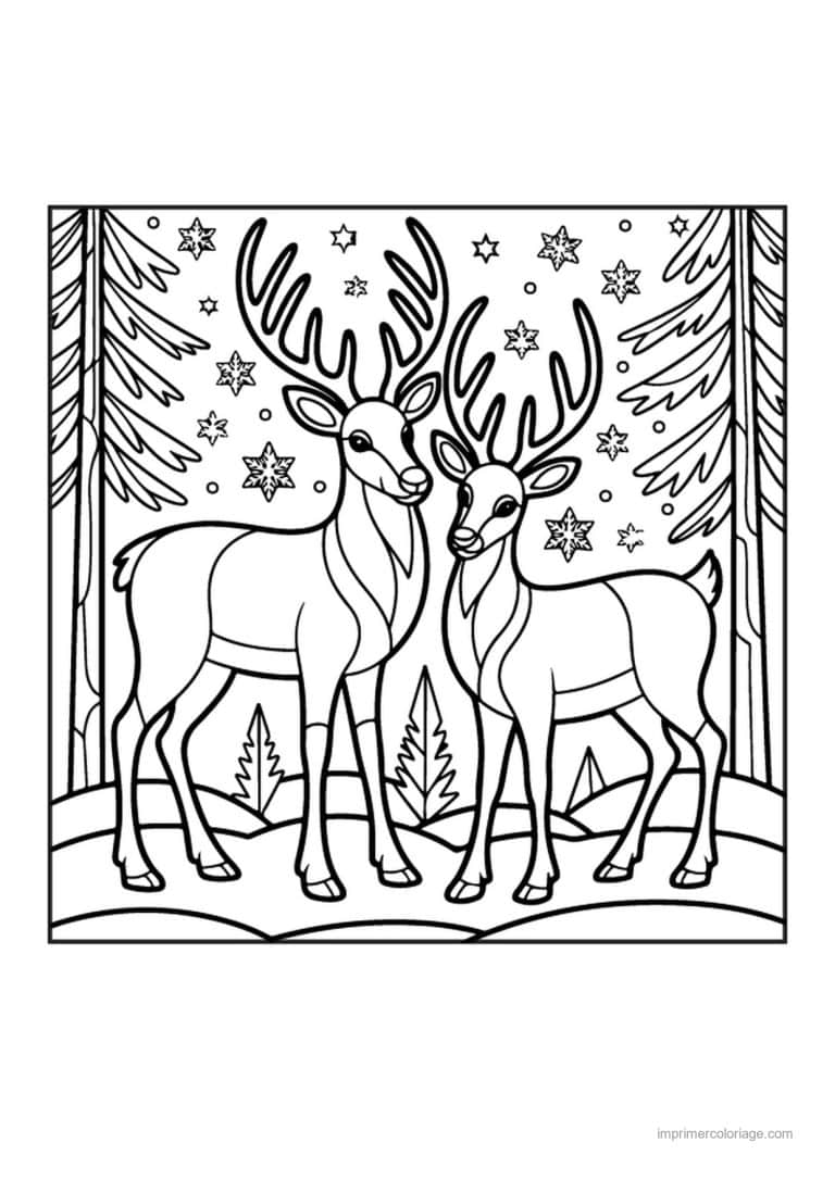 coloriage renne noel deux rennes foret sapins etoiles - dessin gratuit &agrave; imprimer