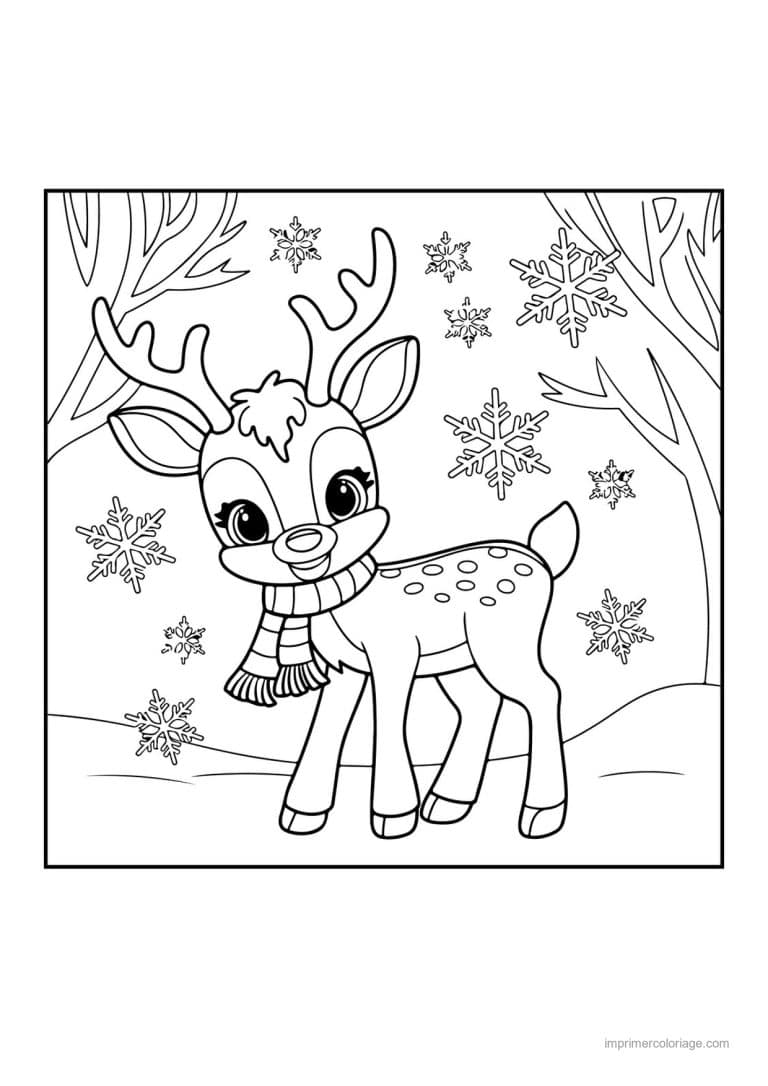 coloriage renne noel faon echarpe foret flocons - dessin gratuit &agrave; imprimer