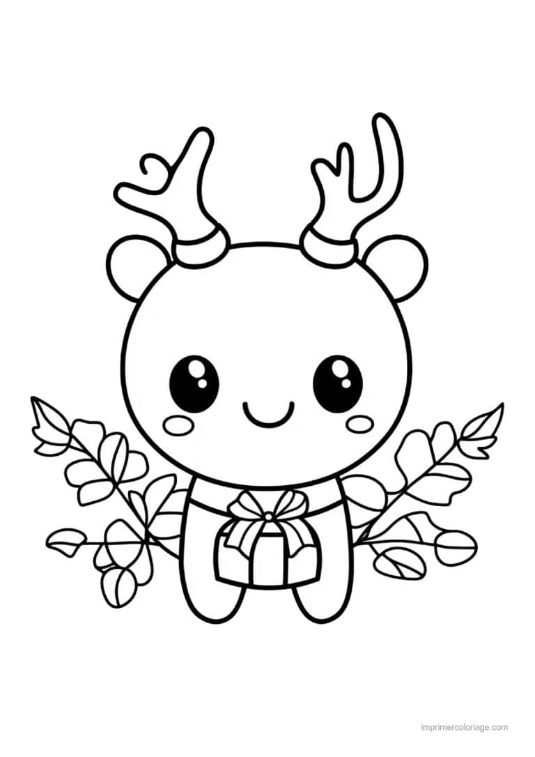coloriage renne noel renne kawaii cadeau feuillage - dessin gratuit &agrave; imprimer