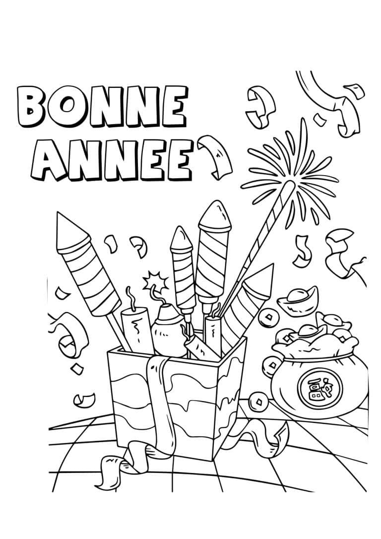 Coloriage bonne ann&eacute;e caisse de feu d'artifice