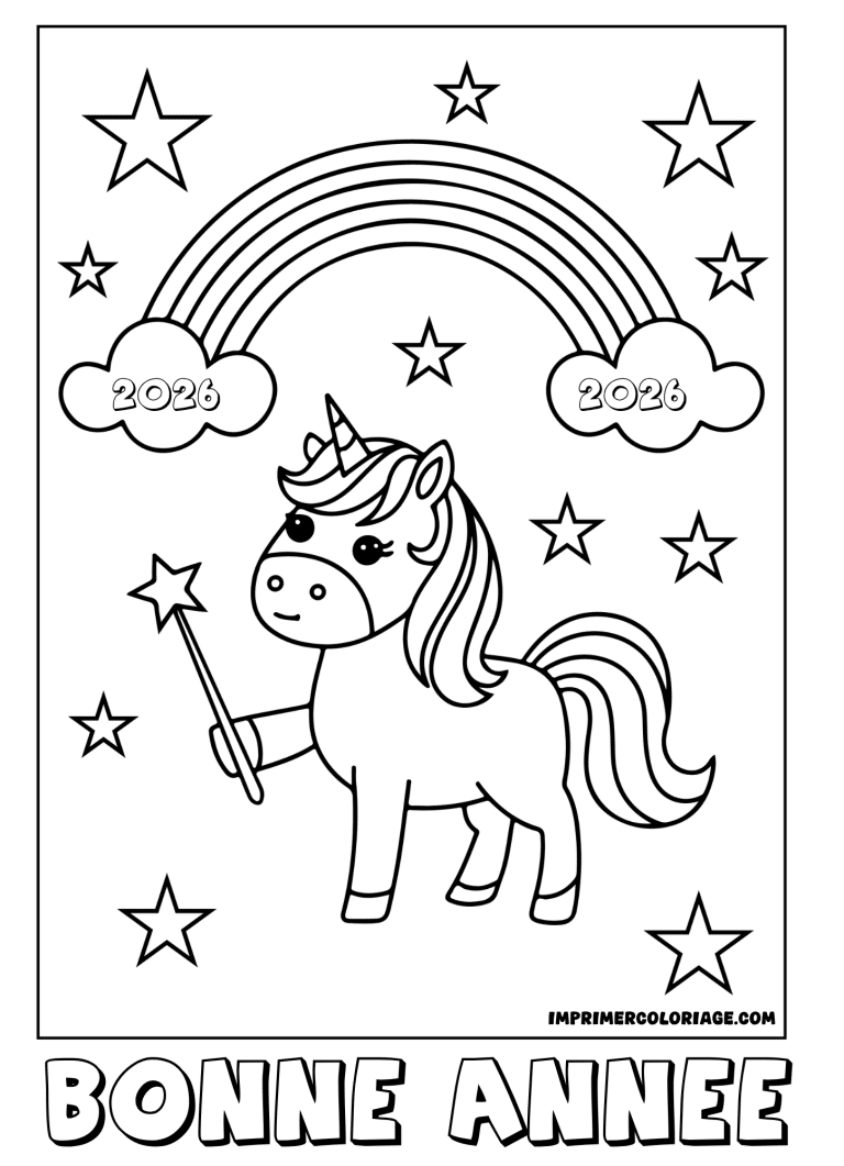 coloriage bonne ann&eacute;e 2026 arc en ciel licorne - dessin gratuit &agrave; imprimer