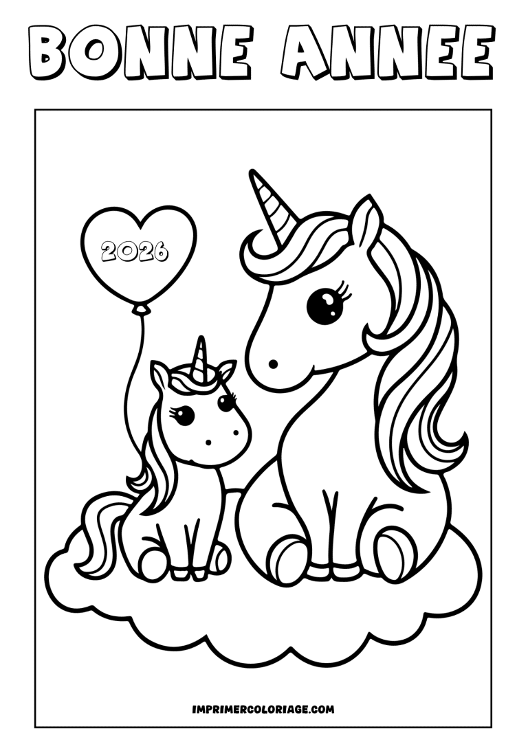 coloriage bonne ann&eacute;e 2026 bebe licorne - dessin gratuit &agrave; imprimer