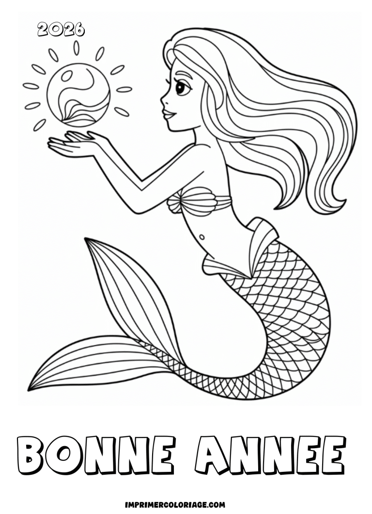 coloriage bonne ann&eacute;e 2026 belle sirene - dessin gratuit &agrave; imprimer