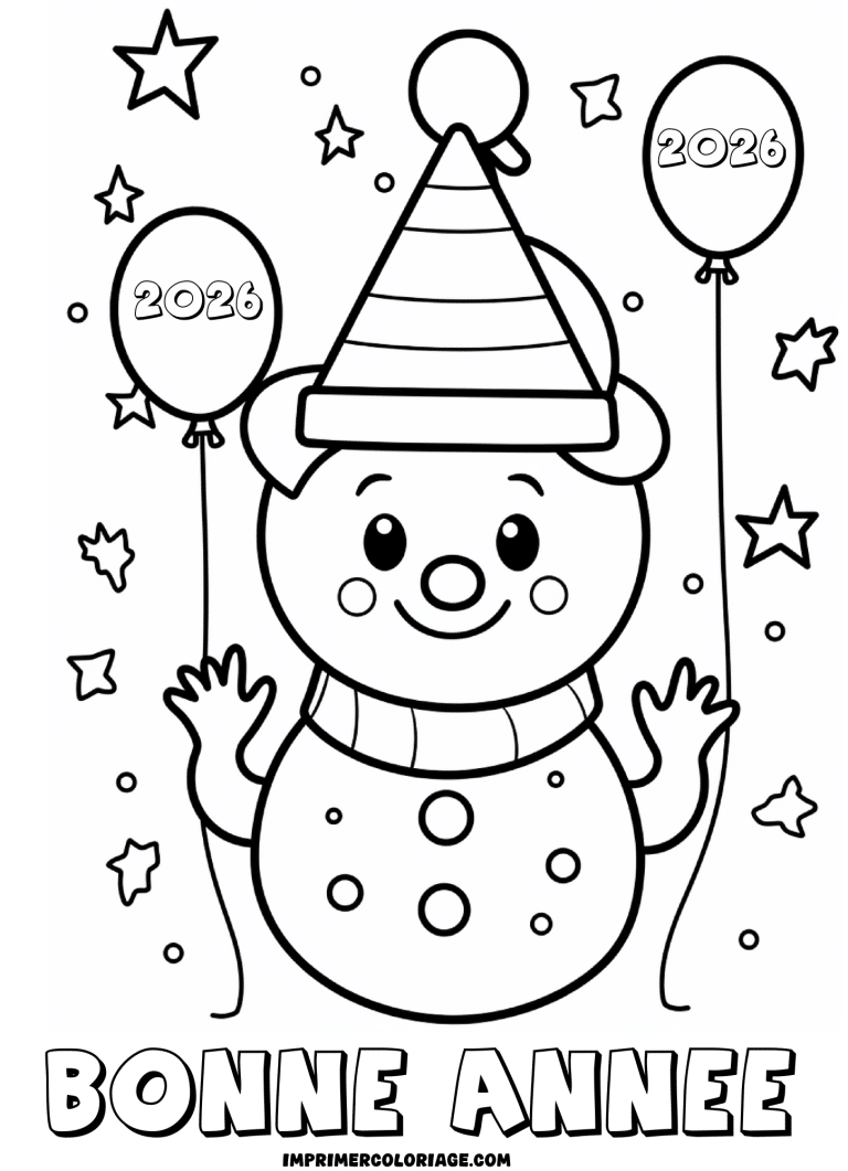 coloriage bonne ann&eacute;e 2026 bonhomme de neige - dessin gratuit &agrave; imprimer