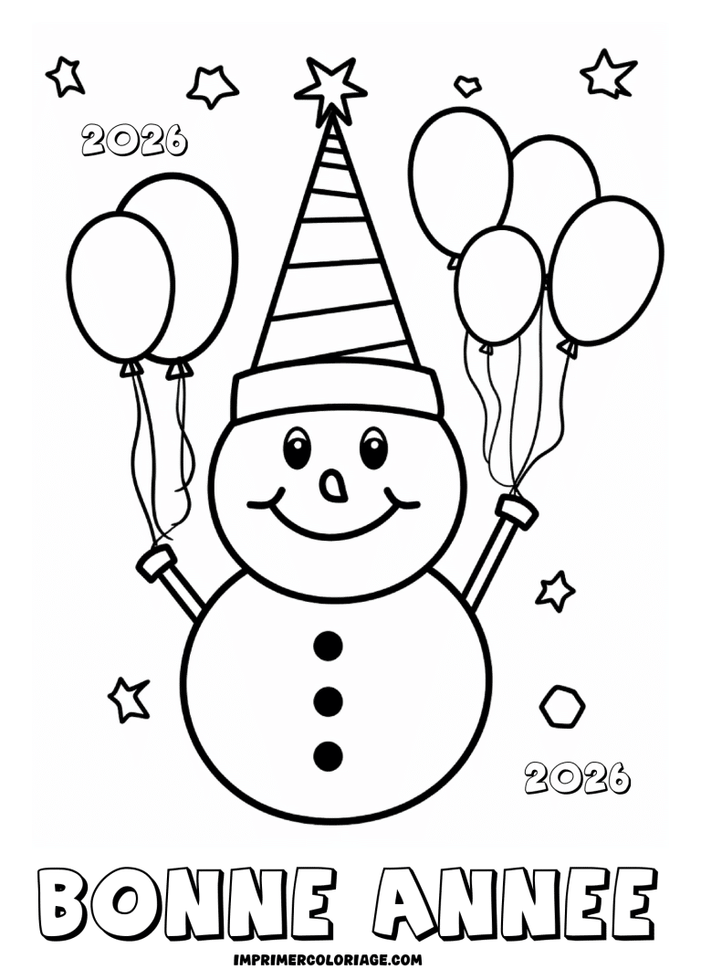 coloriage bonne ann&eacute;e 2026 bonhomme de neige facile - dessin gratuit &agrave; imprimer
