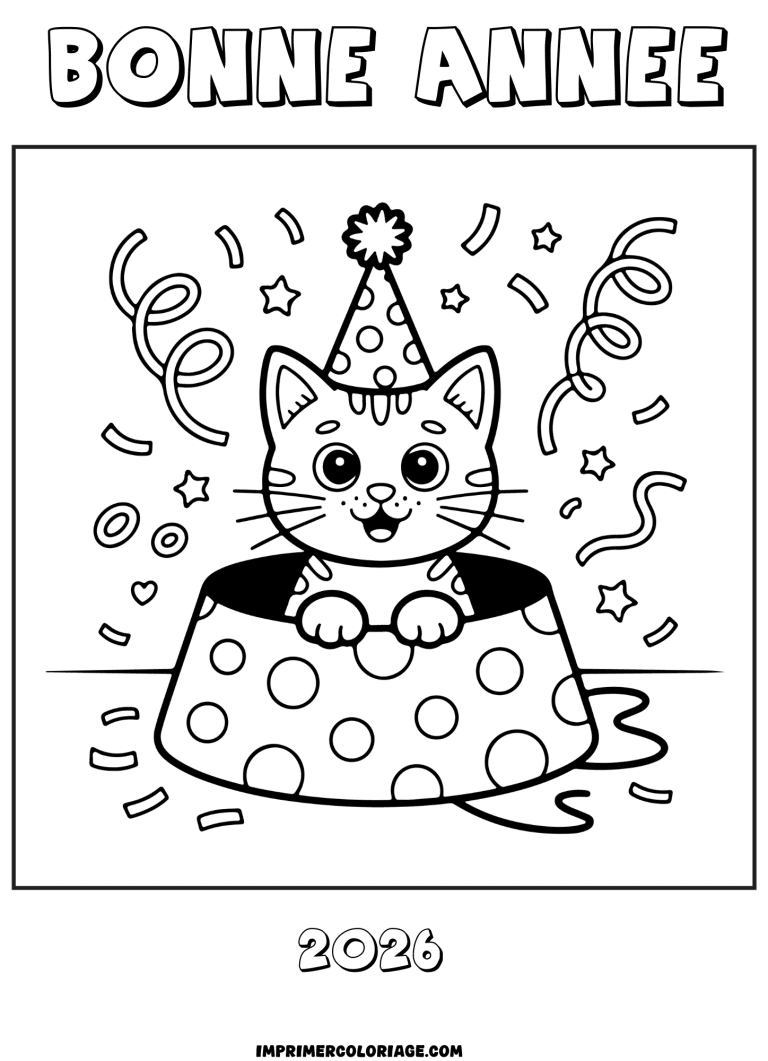 coloriage bonne ann&eacute;e 2026 chat et cotillons - dessin gratuit &agrave; imprimer