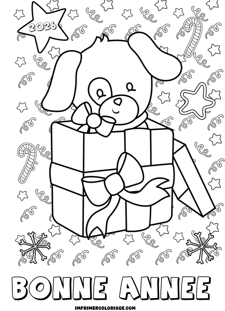coloriage bonne ann&eacute;e 2026 chien - dessin gratuit &agrave; imprimer