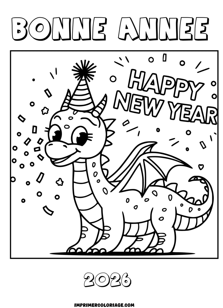 coloriage bonne ann&eacute;e 2026 dragons - dessin gratuit &agrave; imprimer