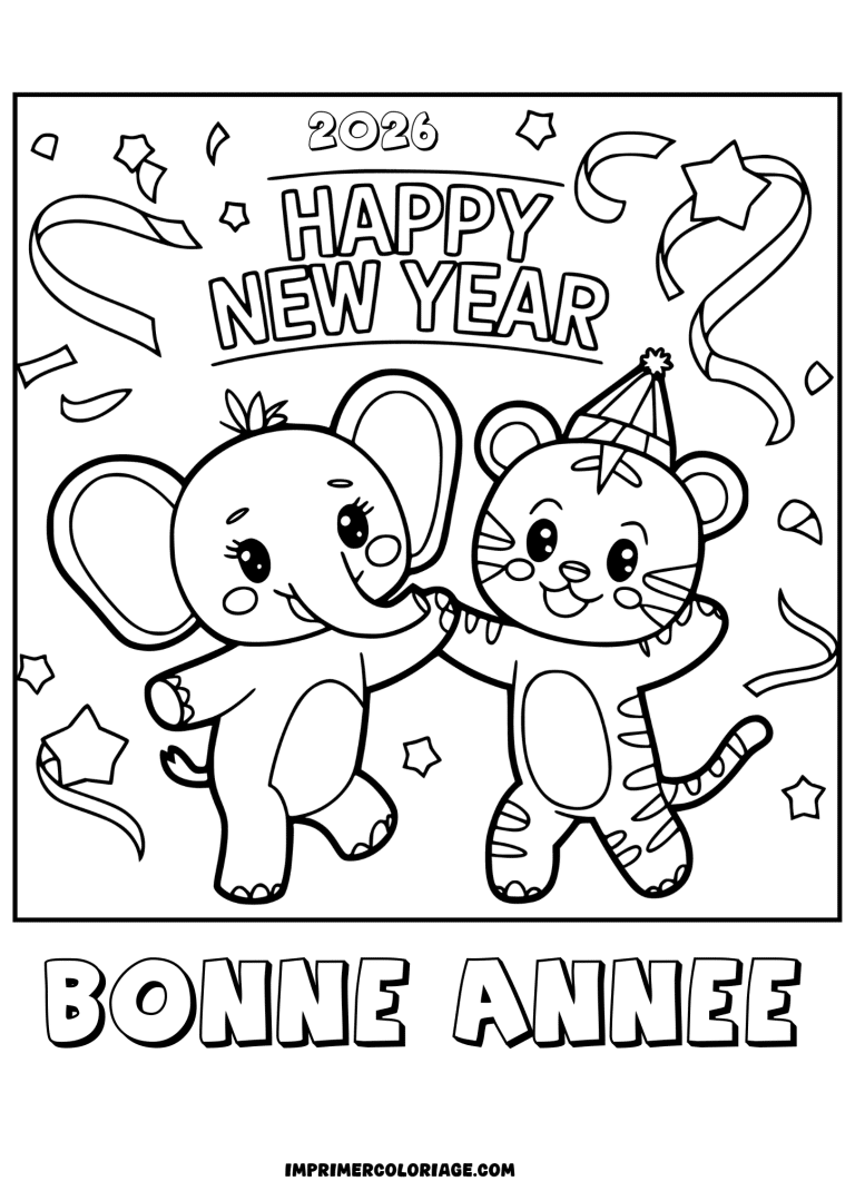 coloriage bonne ann&eacute;e 2026 elephants - dessin gratuit &agrave; imprimer