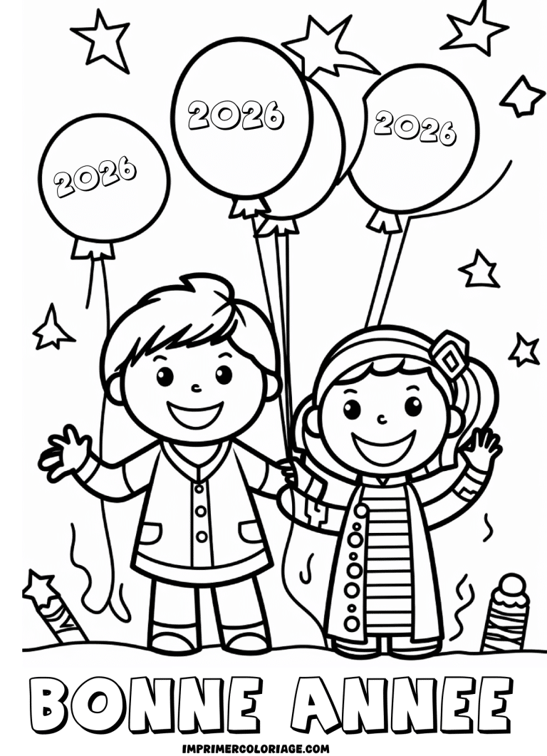 coloriage bonne ann&eacute;e 2026 enfants et ballons - dessin gratuit &agrave; imprimer