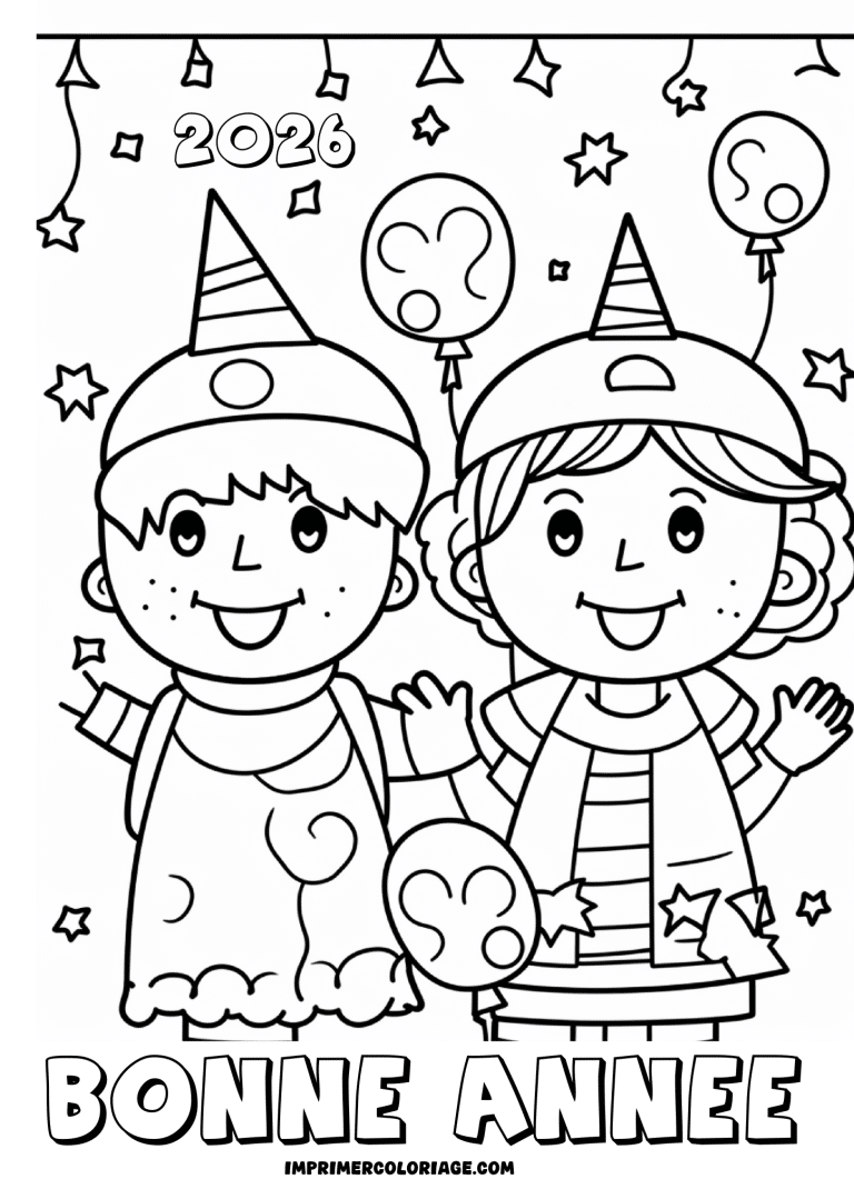 coloriage bonne ann&eacute;e 2026 enfants heureux - dessin gratuit &agrave; imprimer