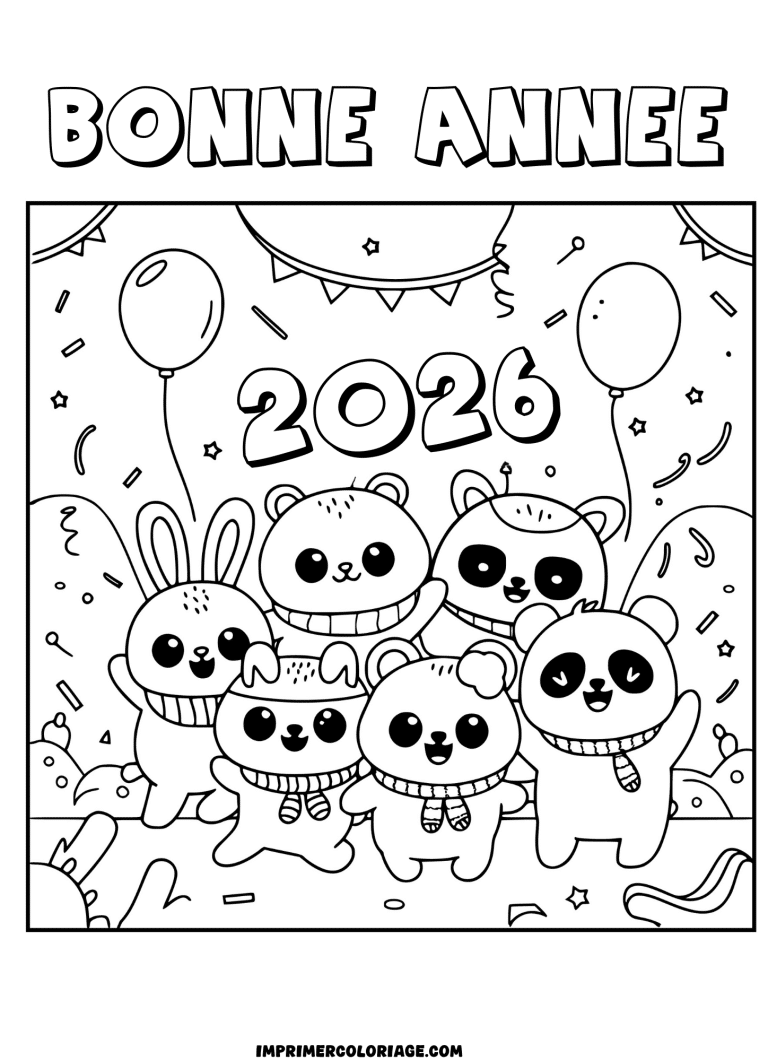 coloriage bonne ann&eacute;e 2026 lapins - dessin gratuit &agrave; imprimer