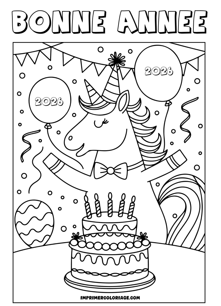 coloriage bonne ann&eacute;e 2026 licorne - dessin gratuit &agrave; imprimer