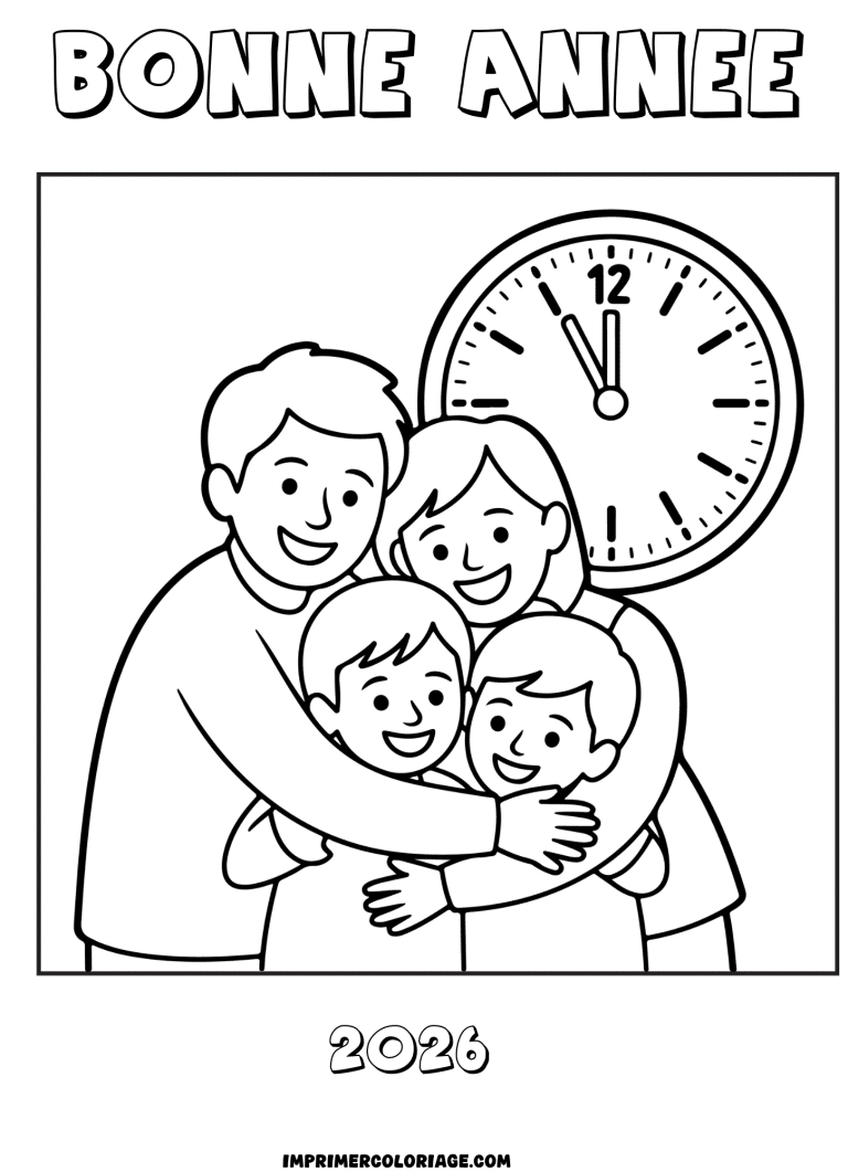 coloriage bonne ann&eacute;e 2026 minuit - dessin gratuit &agrave; imprimer
