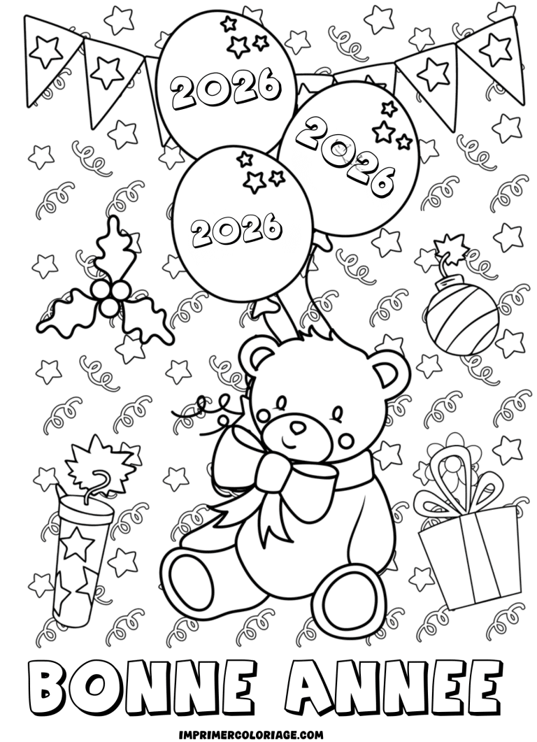 coloriage bonne ann&eacute;e 2026 nounours - dessin gratuit &agrave; imprimer