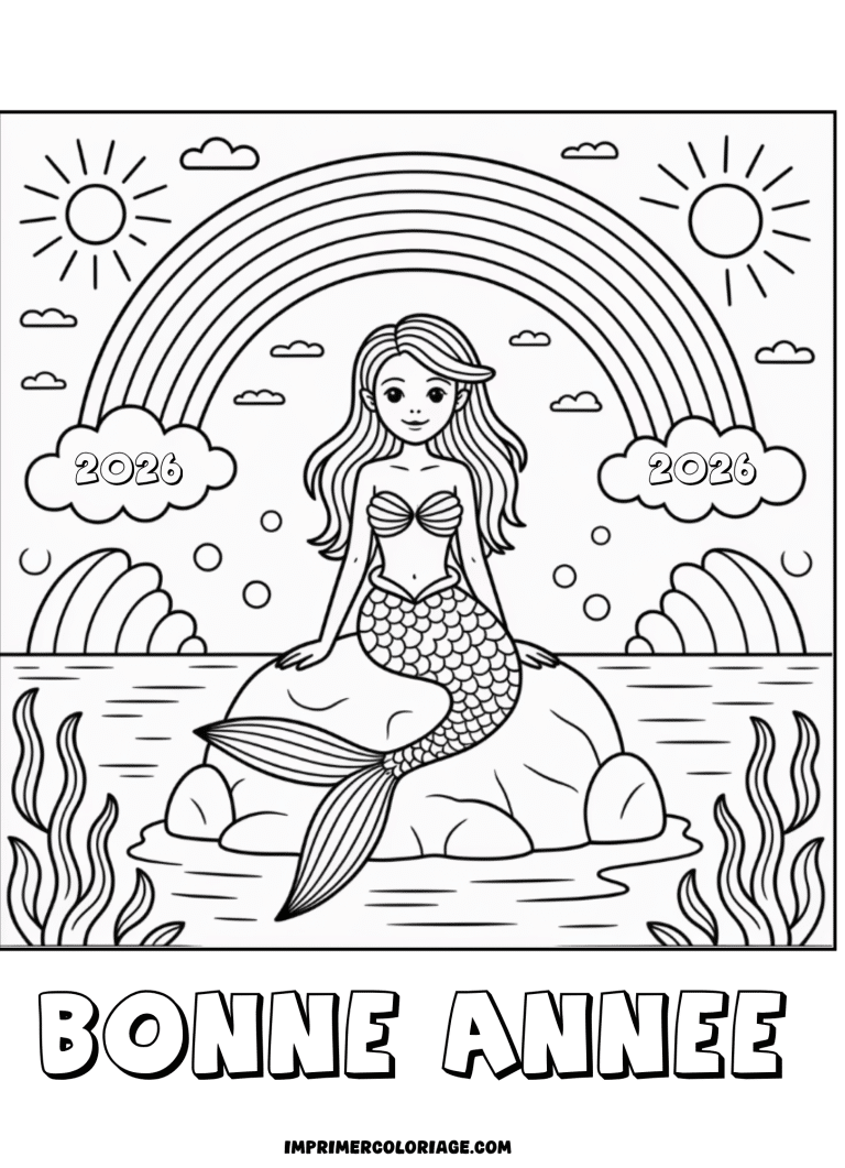 coloriage bonne ann&eacute;e 2026 sirene - dessin gratuit &agrave; imprimer