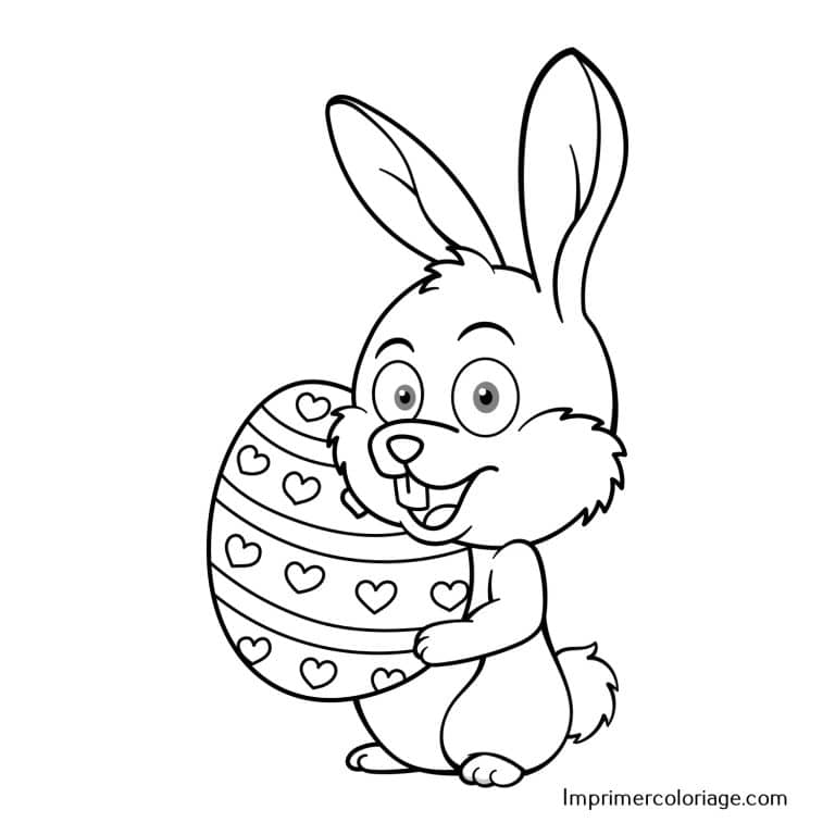 Lapin de Pâques à colorier qui tient un oeuf Coloriage de lapin de Pâques qui tient un oeuf, imprimer gratuitement