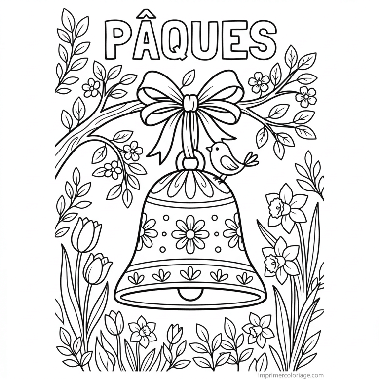 coloriage paques cloche branche ruban fleurs à imprimer coloriage paques cloche branche ruban fleurs - dessin gratuit à imprimer