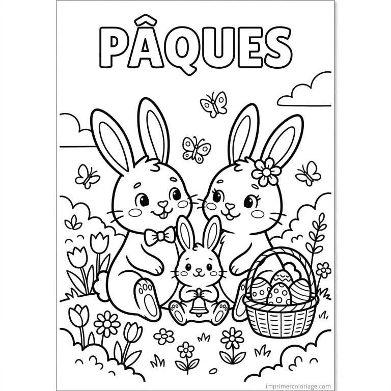 coloriage paques famille lapins cloche panier à imprimer coloriage paques famille lapins cloche panier - dessin gratuit à imprimer