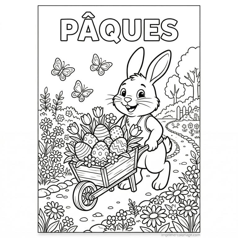 coloriage paques lapin brouette oeufs fleurs à imprimer coloriage paques lapin brouette oeufs fleurs - dessin gratuit à imprimer