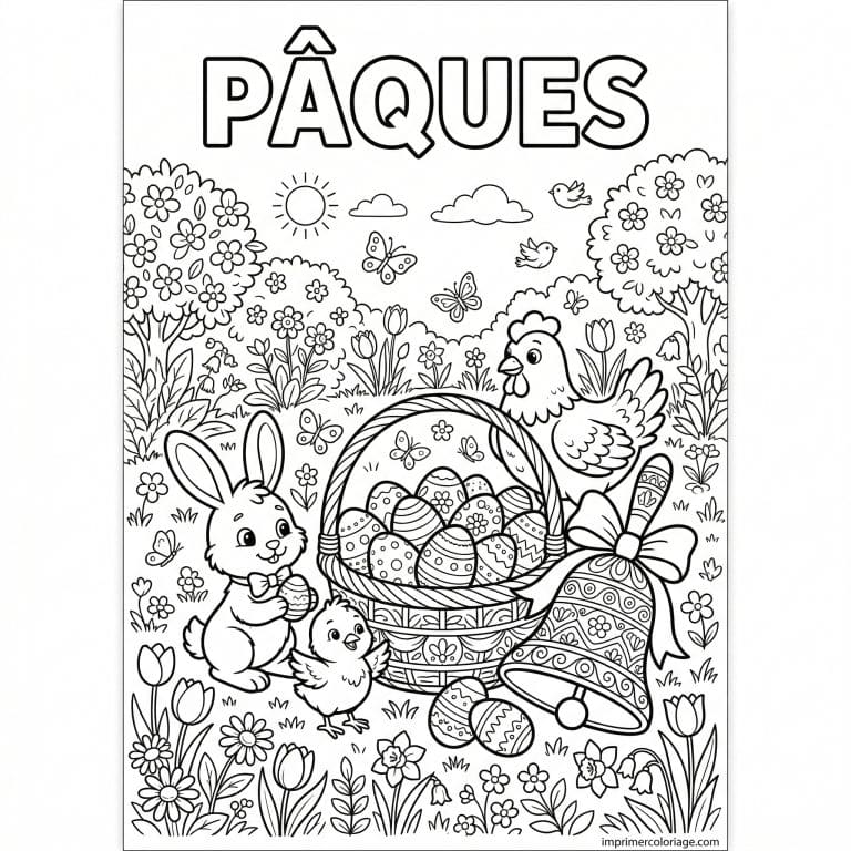 coloriage paques lapin poussin poule cloche panier à imprimer coloriage paques lapin poussin poule cloche panier - dessin gratuit à imprimer