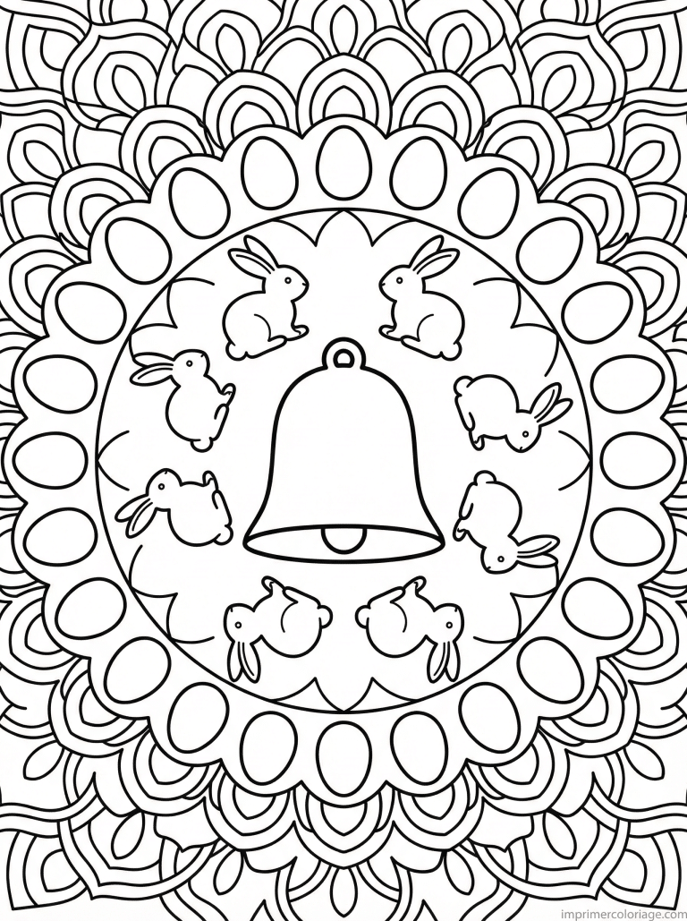 coloriage paques mandala adulte cloche lapins seize oeufs - dessin gratuit &agrave; imprimer