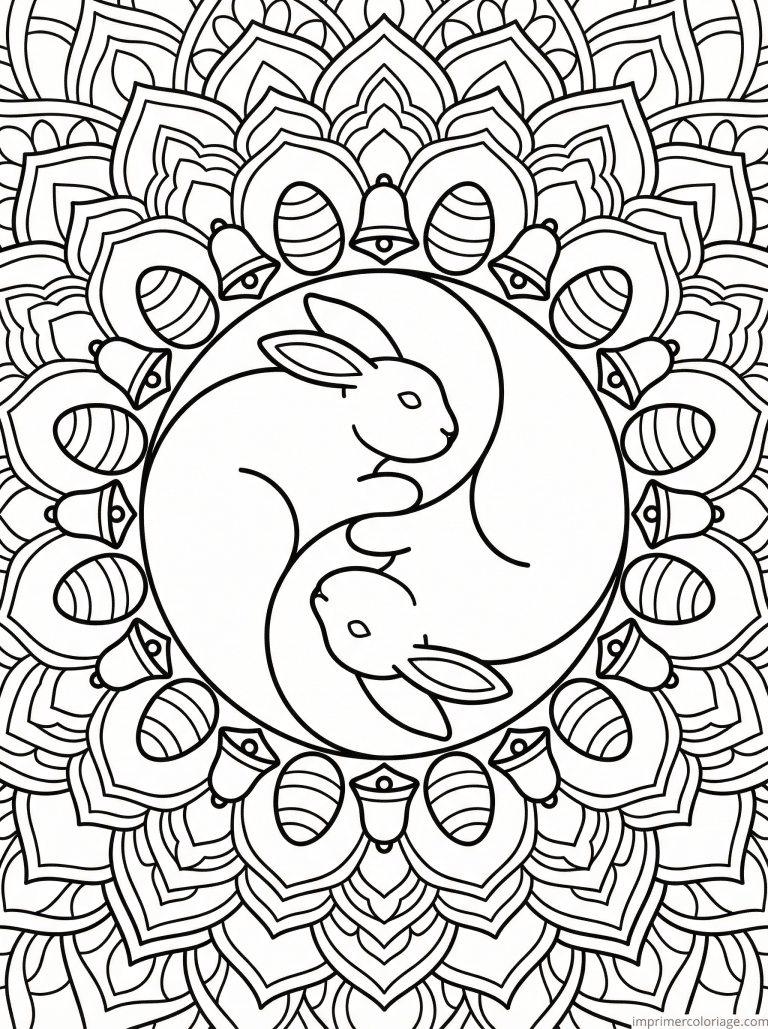 coloriage paques mandala adulte deux lapins yin yang - dessin gratuit &agrave; imprimer