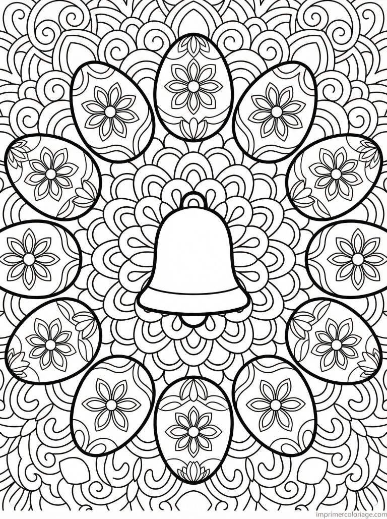coloriage paques mandala adulte douze oeufs cloche - dessin gratuit &agrave; imprimer