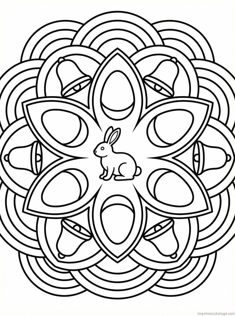 coloriage paques mandala adulte fleur six oeufs cloches - dessin gratuit &agrave; imprimer