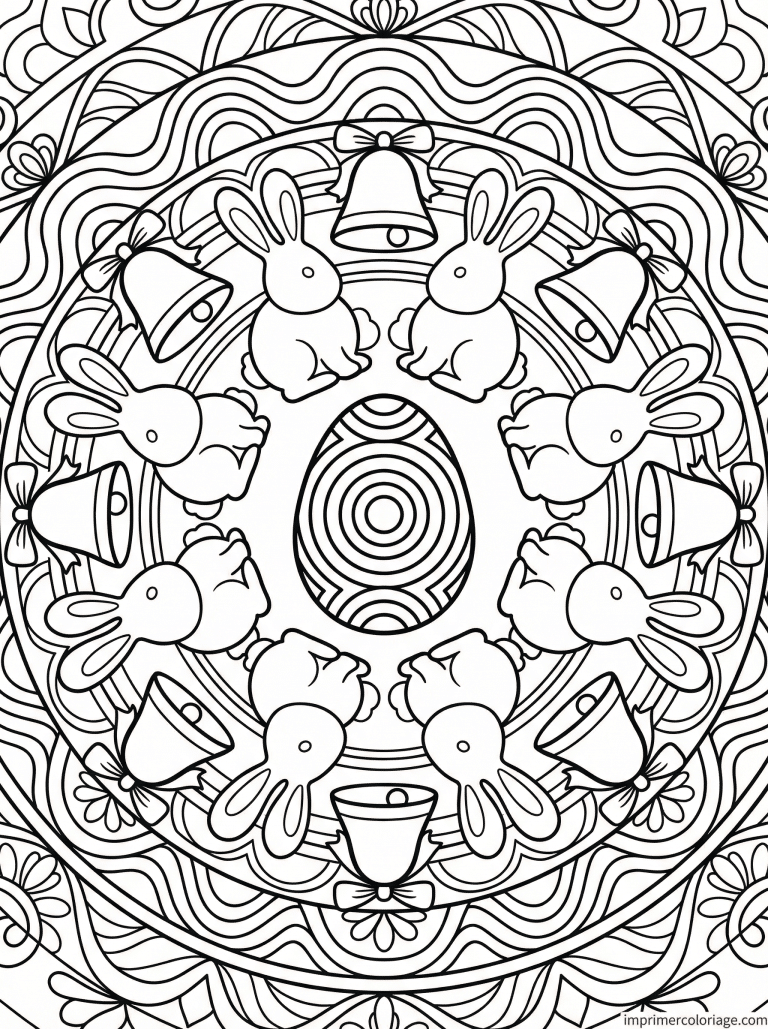 coloriage paques mandala adulte huit lapins cloches oeuf - dessin gratuit &agrave; imprimer