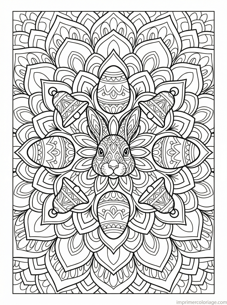 coloriage paques mandala adulte lapin oeufs cloches symetrie - dessin gratuit &agrave; imprimer