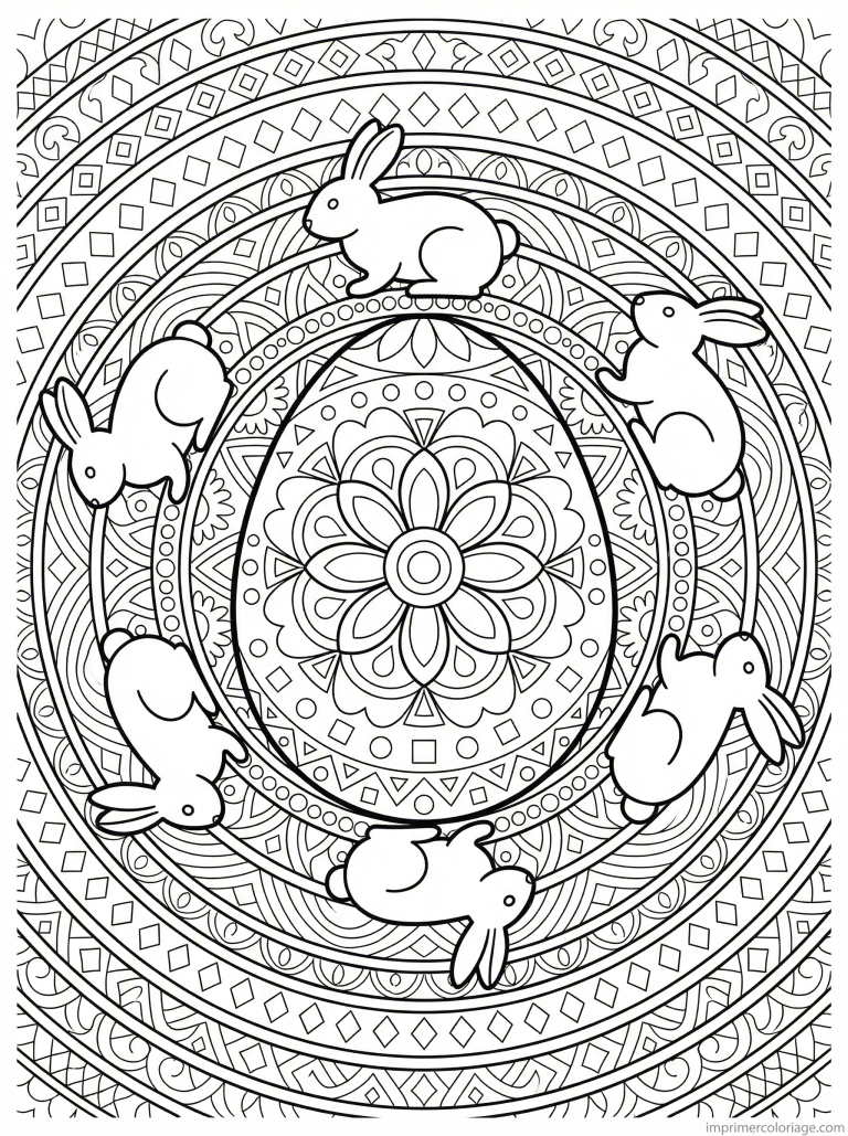 coloriage paques mandala adulte oeuf six lapins - dessin gratuit &agrave; imprimer