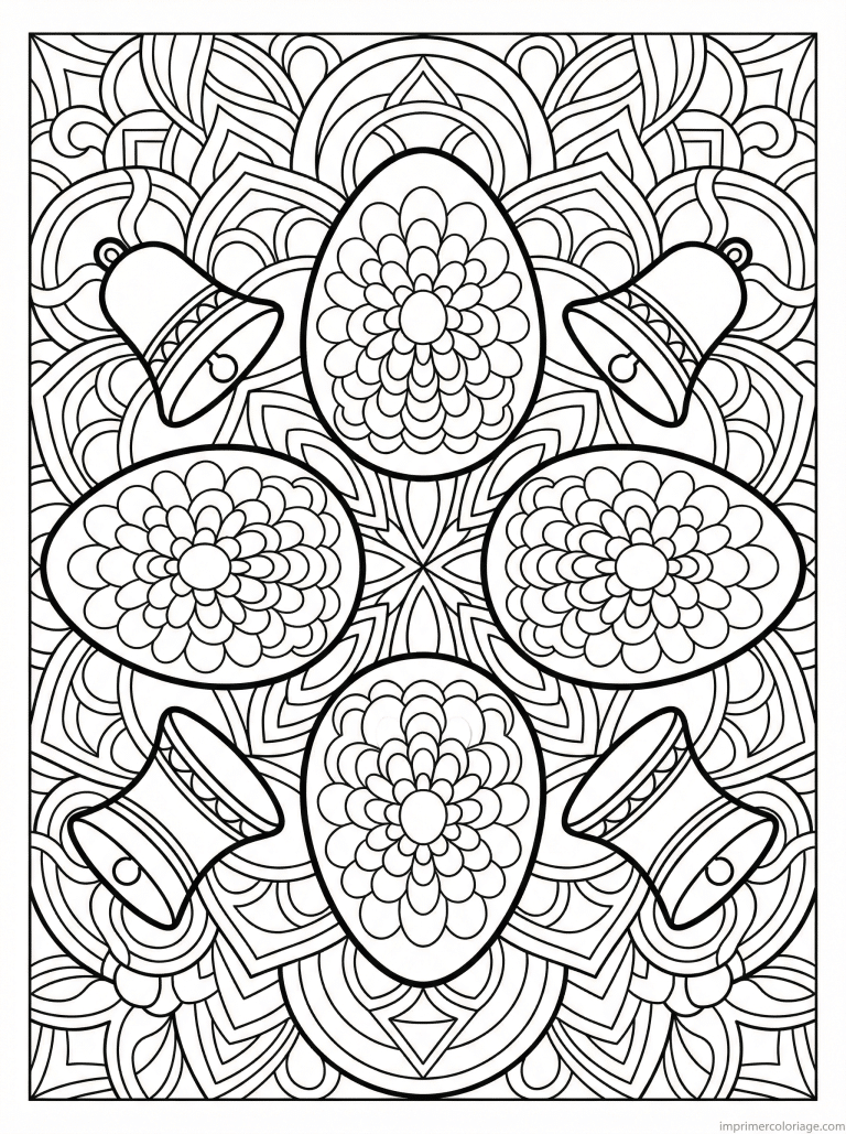 coloriage paques mandala adulte quatre oeufs cloches axes - dessin gratuit &agrave; imprimer