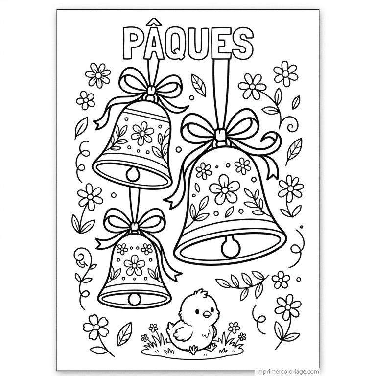 coloriage paques trois cloches poussin ruban à imprimer coloriage paques trois cloches poussin ruban - dessin gratuit à imprimer