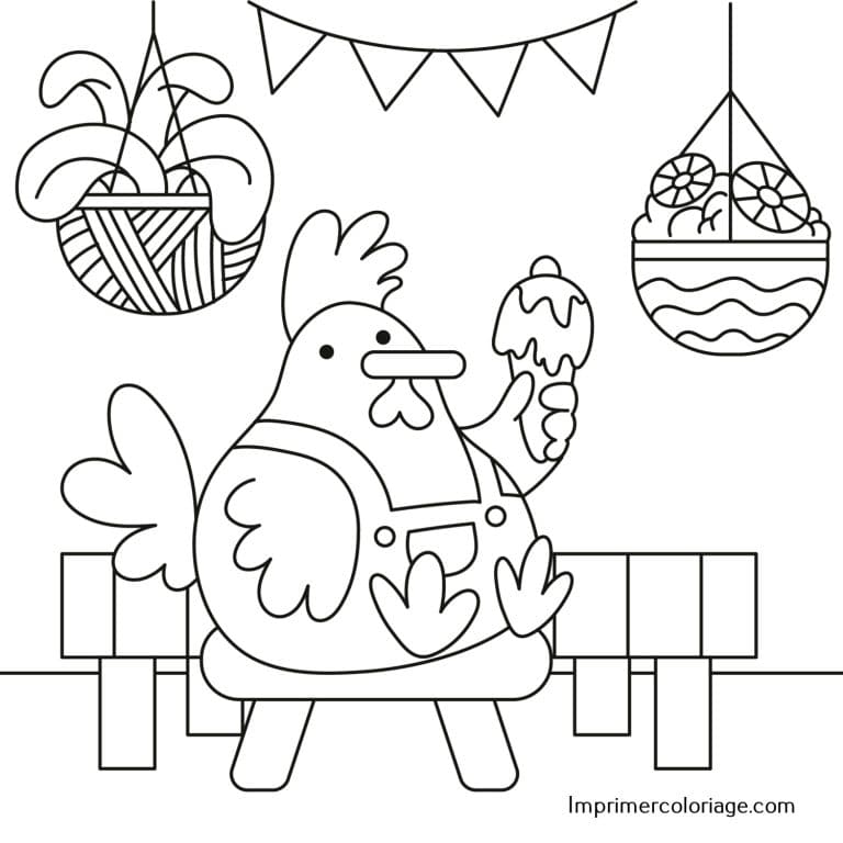 Coloriage de poule de P&acirc;ques qui mange une glace | A imprimer gratuitement