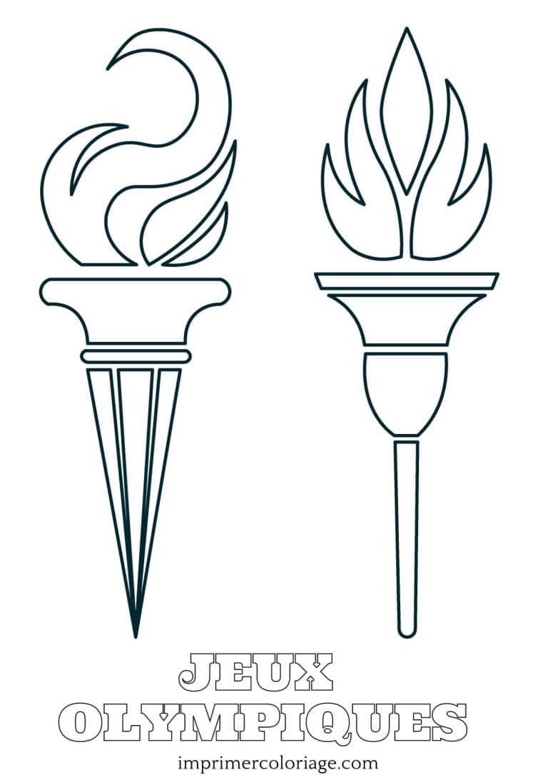 Coloriage flamme olympique et symboles olympiques à imprimer Coloriage flamme olympique entourée de divers symboles olympiques à imprimer