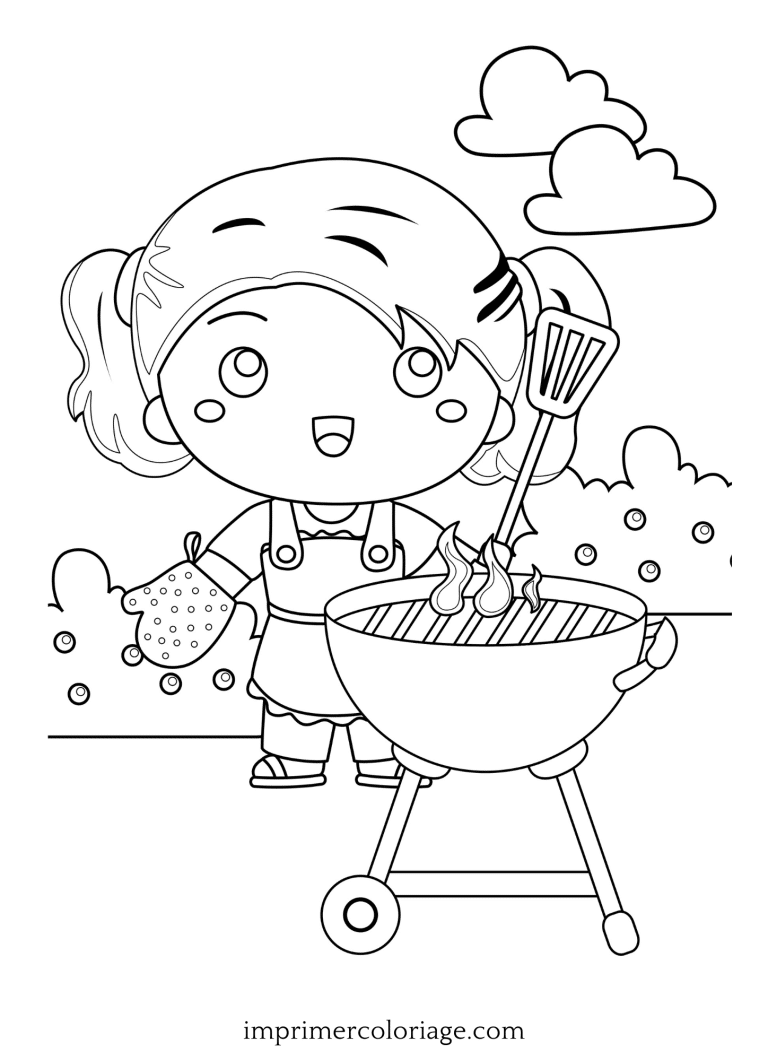 Coloriage de fille qui fait un  barbecue - dessin gratuit &agrave; imprimer