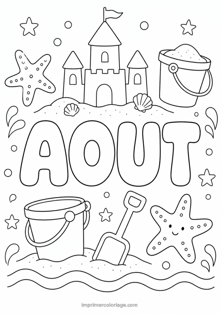 coloriage aout chateau de sable - dessin gratuit &agrave; imprimer