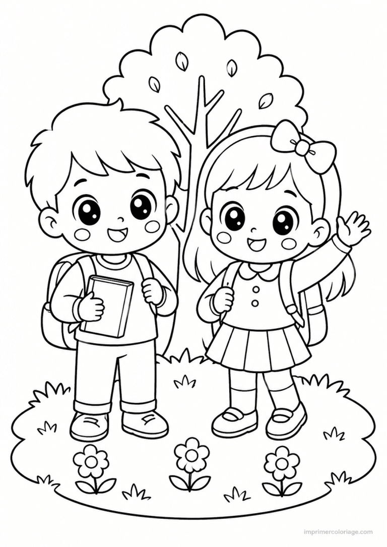 coloriage rentree deux enfants cartable - dessin gratuit &agrave; imprimer