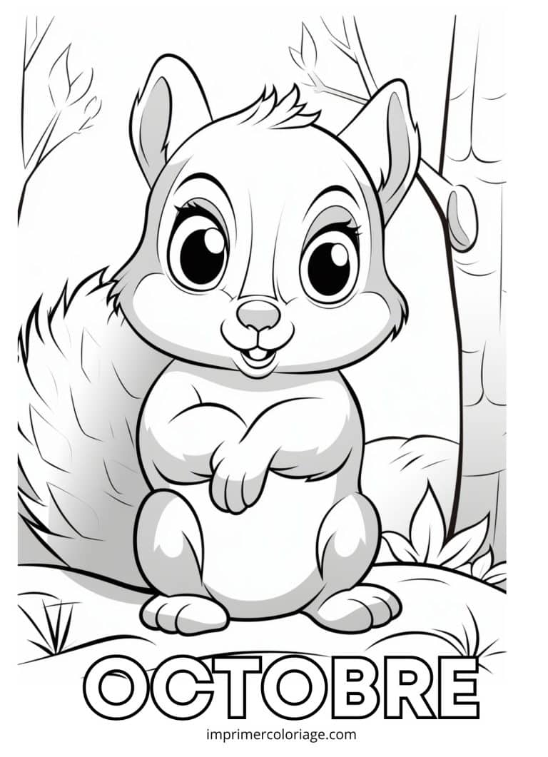 Coloriage octobre &eacute;cureuils arbre - dessin gratuit &agrave; imprimer