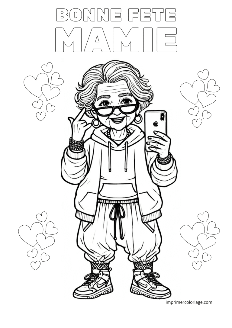 Bonne f&ecirc;te mamie coloriage bien habill&eacute;e - dessin gratuit &agrave; imprimer