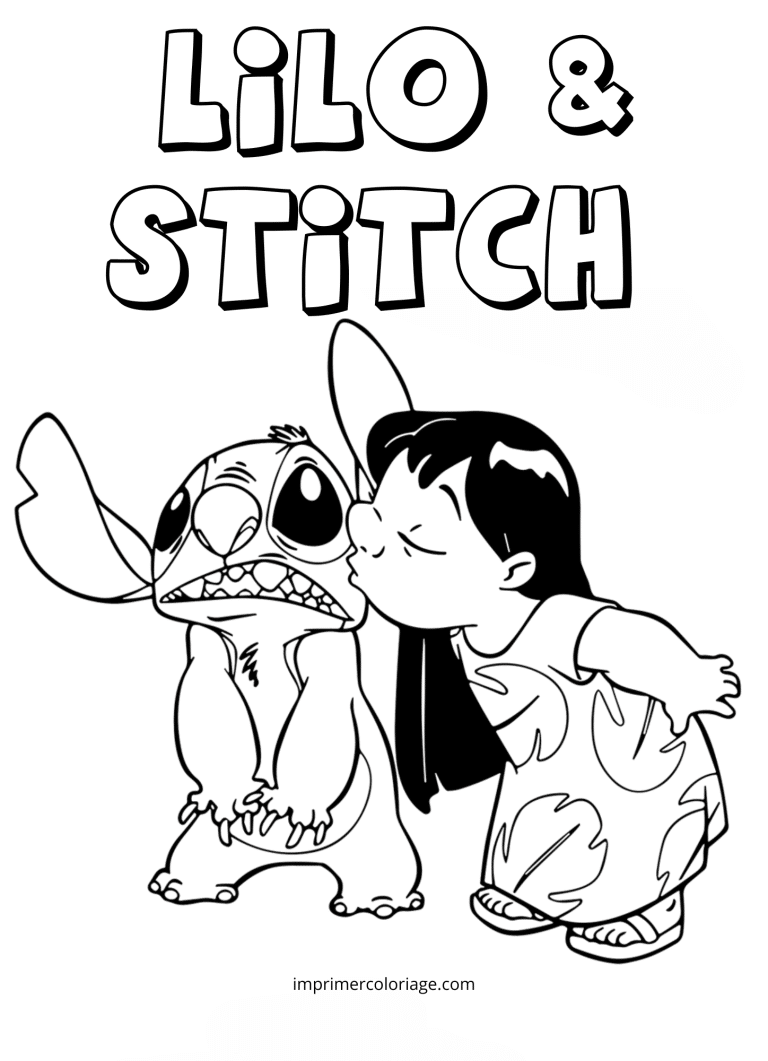 Coloriage Stitch ET LILO bisous - dessin gratuit &agrave; imprimer